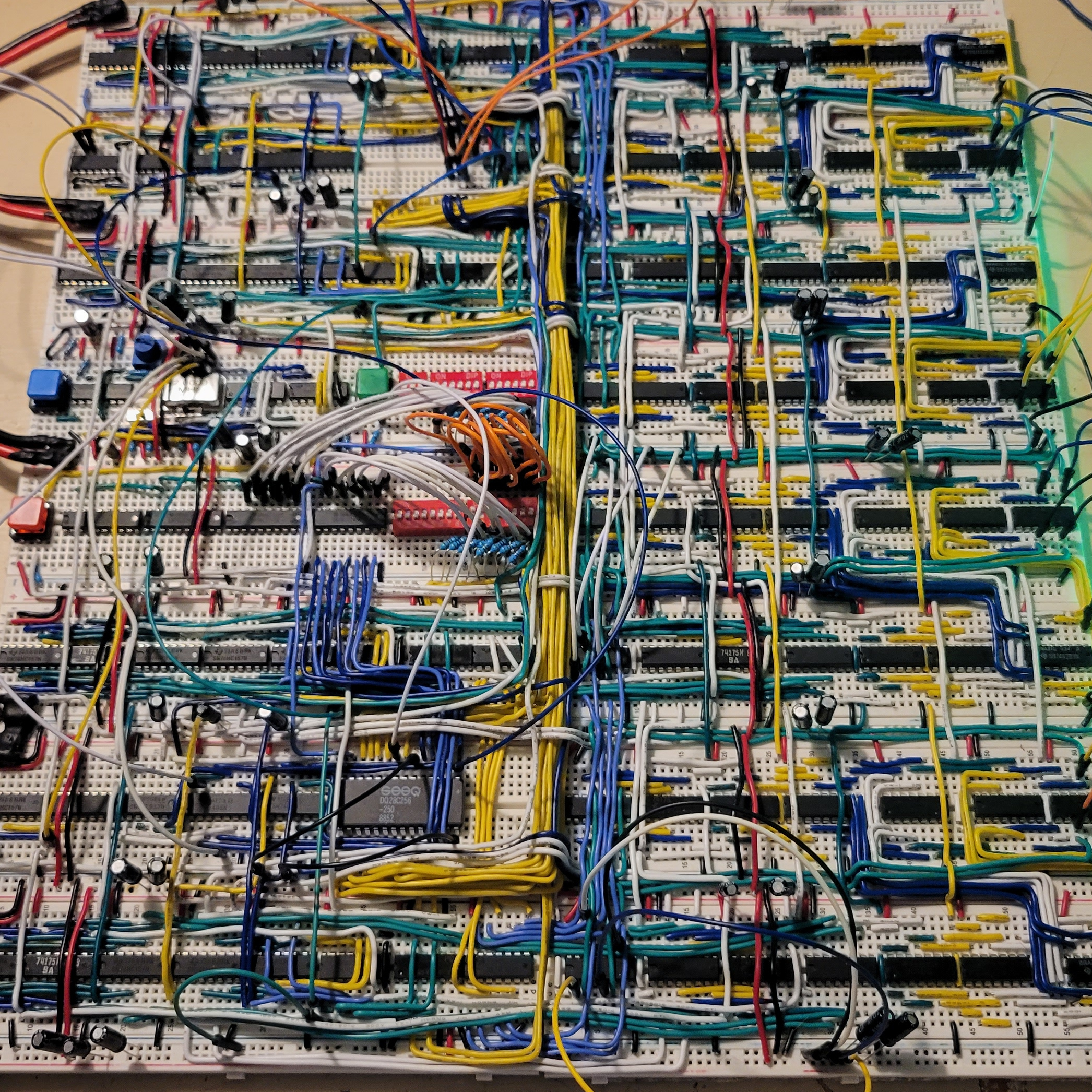 A top-down view of breadboards and makeshift circuitry.
